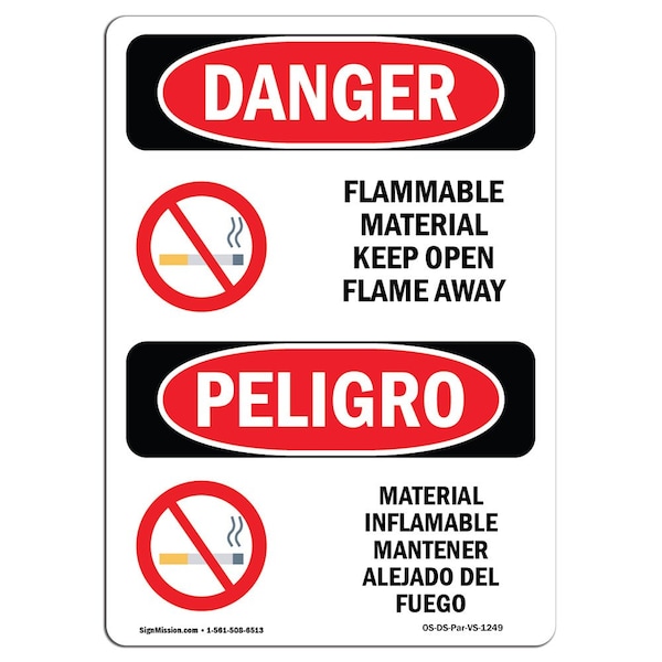 Safety Sign, OSHA, 5" Height, Flammable Material Open Flame Away Spanish, 10PK